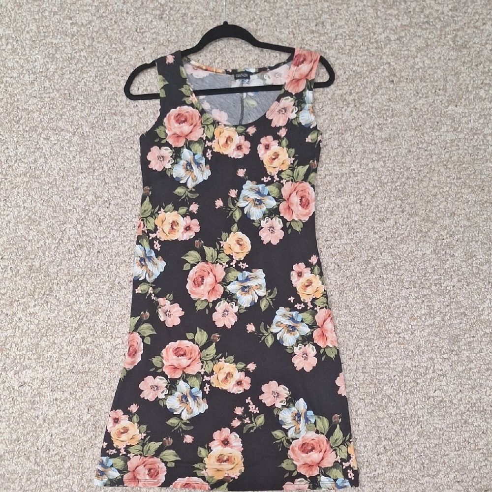 Floral Sleeveless Dress - Black with Pink, Blue Peach Flowers.  Cotton knit.